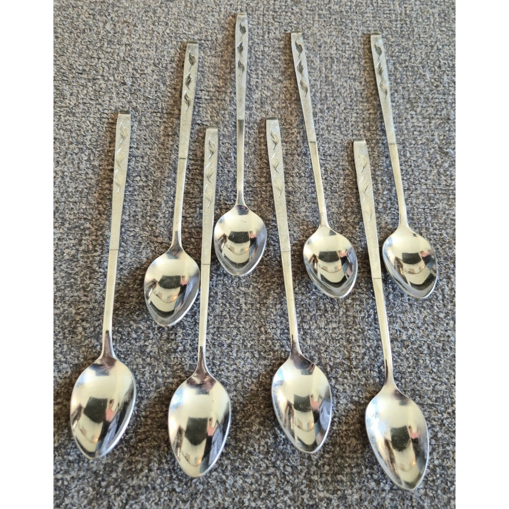 8 Carlton Silver Leaves Iced Tea Spoons Stainless Steel Flatware MCM Korea